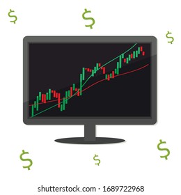Pantalla de monitor con gráfico de gráfico de negociación y signo de dólar. Trabajar en el concepto de mercado financiero. Ilustración de material vectorial.
