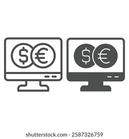 Monitor screen with two coins line and solid icon, banking concept. Vector graphics. Display with dollar and euro sign on white background, outline style icon for mobile or web design