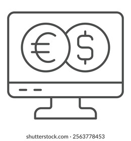 Monitor screen with two coins thin line icon, banking concept. Vector graphics. Display with dollar and euro sign on white background, outline style icon for mobile or web design