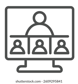 Monitor screen and user conference line icon, remote work concept. Vector graphics. Display with online team, call sign on white background, outline style icon for mobile or web design