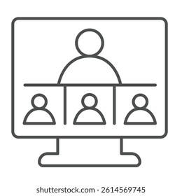 Monitor screen and user conference thin line icon, remote work concept. Vector graphics. Display with online team, call sign on white background, linear style icon for mobile or web design