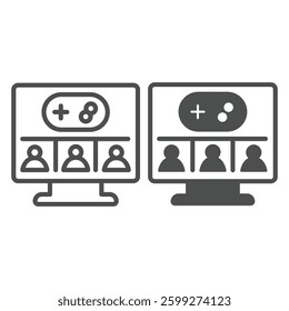 Monitor screen with users and joystick line and solid icon, neural dataset concept. Vector graphics. Display and multiplayer game sign on white background, outline style icon for mobile or web design