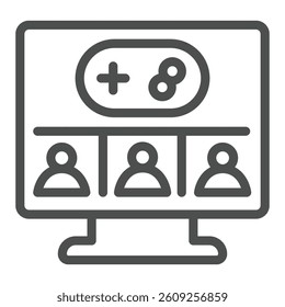Monitor screen with users and joystick line icon, neural dataset concept. Vector graphics. Display and multiplayer game sign on white background, outline style icon for mobile or web design