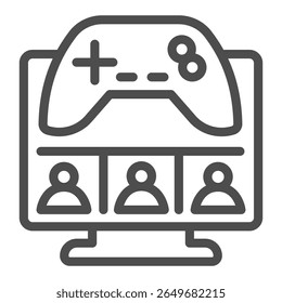 Monitor screen with users and joystick line icon, NFT multiverse concept. Vector graphics. In game assets, gaming sign on white background, outline style icon for mobile or web design