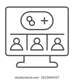 Monitor screen with users and joystick thin line icon, neural dataset concept. Vector graphics. Display and multiplayer game sign on white background, outline style icon for mobile or web design