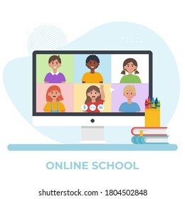 Monitor screen with video conference with school children. Online education concept. Flat vector illustration