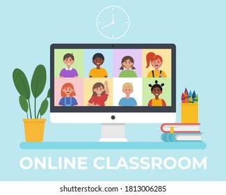 Monitor screen with video conference with school children. Online classroom in quarantine concept. Flat vector illustration