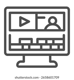 Monitor screen with video editing program line icon, osint analytics concept. Vector graphics. Monoblock computer sign on white background, outline style icon for mobile or web design