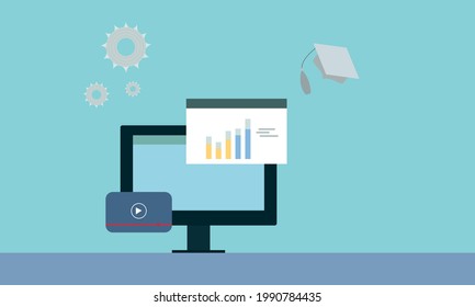 pantalla de monitorado con reproductor de vídeo e iconos del gráfico de crecimiento para empresas con fondo azul