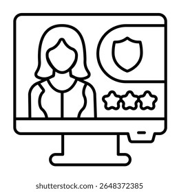 Monitor screen with wanted woman thin line icon, design recruitment concept. Vector graphics. Display with portfolio profile sign on white background, style mobile or design