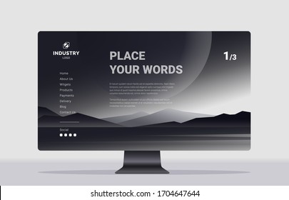 Monitor screen with website. Screensaver with a landscape. Black and white vector mountains with fog.