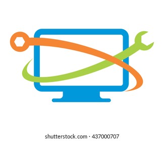 monitor screen wrench computer laptop technology gadget network image vector icon logo symbol