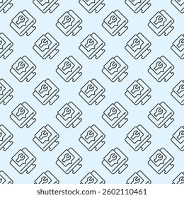 Monitor screen with wrench popup window line seamless pattern, repair service theme. Vector graphics. Computer repair message sign with background, repeat line icon