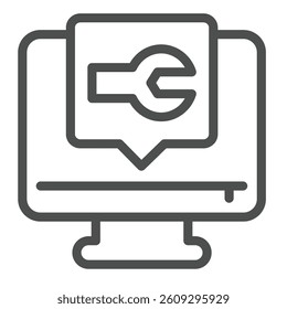 Monitor screen with wrench popup window line icon, repair service concept. Vector graphics. Computer repair message sign on white background, outline style icon for mobile or web design