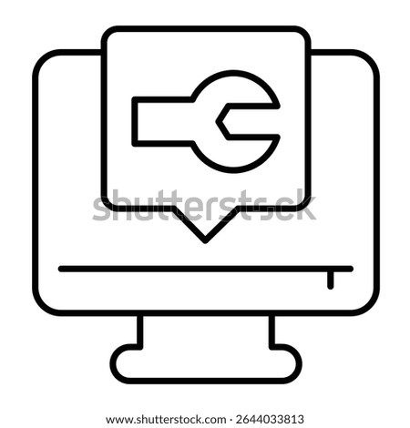 Monitor screen with wrench popup window thin line icon, repair service concept. Vector graphics. Computer repair message sign on white background, style mobile or design