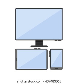 Monitor set, mobile telephone, tablet vector flat 