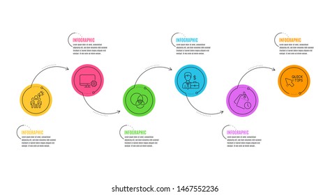 Monitor settings, Brand ambassador and Quick tips signs. Infographics timeline. Time management, Euler diagram and Businessman case line icons set. Vector