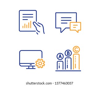 Monitor settings, Comment and Document icons simple set. Graph chart sign. Service cogwheel, Talk bubbles, File with diagram. Growth report. Technology set. Linear monitor settings icon. Vector