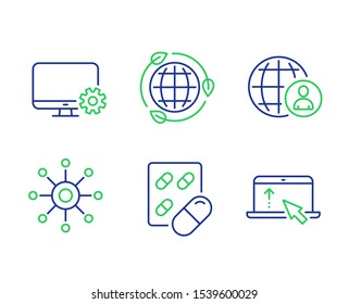 Monitor settings, Eco energy and Capsule pill line icons set. Multichannel, International recruitment and Swipe up signs. Service cogwheel, Ecology, Medicine drugs. Multitasking. Science set. Vector