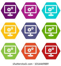 Monitor settings icon set many color hexahedron isolated on white vector illustration