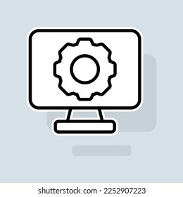 Monitor with settings line icon. Brightness settings, resolution settings, device functions, gadget calibration. Settings concept. Vector sticker line icon on white background