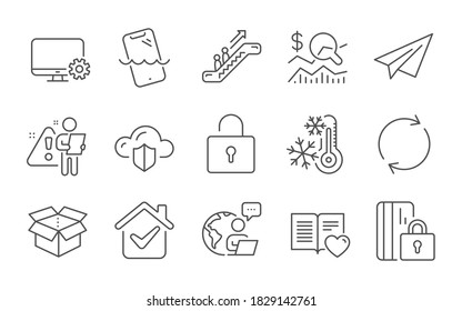Monitor settings, Lock and Check investment line icons set. Cloud protection, Freezing and Smartphone waterproof signs. Love book, Paper plane and Escalator symbols. Line icons set. Vector