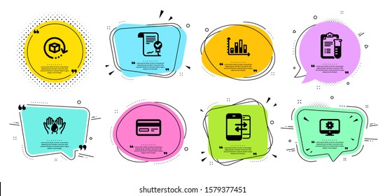 Monitor settings, Phone communication and Return package line icons set. Chat bubbles with quotes. Credit card, Medical analyzes and Diagram graph signs. Approved agreement, Wash hands symbols. Vector