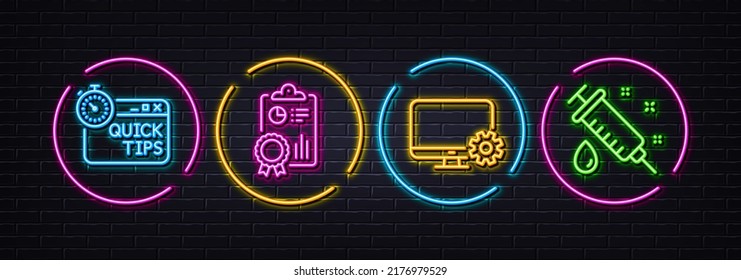 Monitor settings, Quick tips and Inspect minimal line icons. Neon laser 3d lights. Medical syringe icons. For web, application, printing. Service cogwheel, Helpful tricks, Research report. Vector