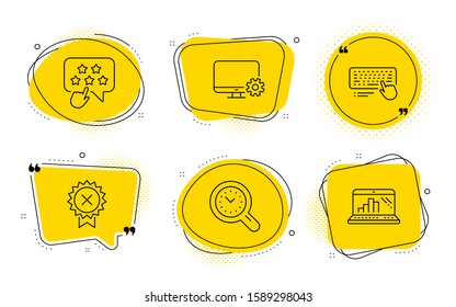 Monitor settings, Ranking star and Graph laptop signs. Chat bubbles. Computer keyboard, Reject medal and Time management line icons set. Pc device, Award rejection, Time analysis. Vector