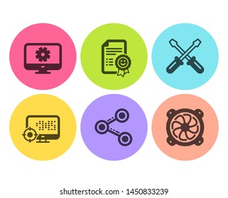 Monitor settings, Seo and Share icons simple set. Screwdriverl, Smile and Computer fan signs. Service cogwheel, Search engine. Technology set. Flat monitor settings icon. Circle button. Vector