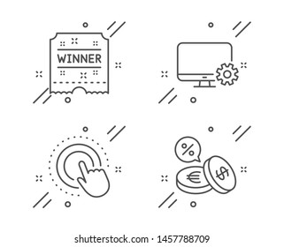 Monitor settings, Winner ticket and Click hand line icons set. Currency exchange sign. Service cogwheel, Carousels award, Touch gesture. Euro and usd. Business set. Vector
