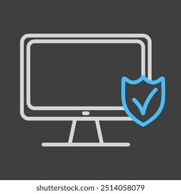 Monitor com escudo e marca de seleção vetor no ícone de fundo escuro. Sinal de segurança. Símbolo de gráfico para o design, o logotipo, o aplicativo, a interface do usuário do seu site
