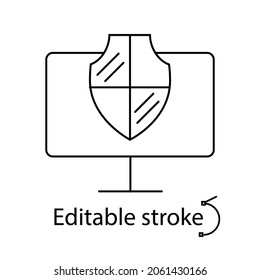 Monitor with shield outline icon. Computer smoke problem. TV repairs. Customizable linear contour symbol. Editable stroke. Isolated vector stock illustration