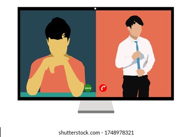 Der Monitor zeigt die Videokonferenz mit 2 Leuten aus der Heimat 