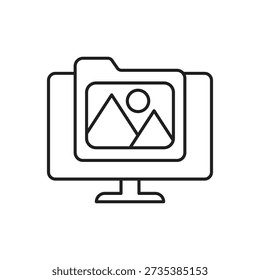 Monitor showing photo gallery folder line icon