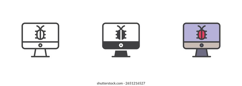 Monitor mostrando o ícone de bug do vírus no estilo de contorno preenchido sólido e colorido. Infecção cibernética ou símbolo de malware ícone pack. Vetor de ameaça de dados.