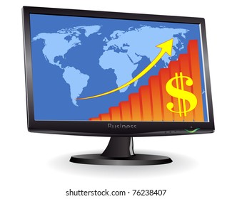 Monitor showing a world map and schedule of the arrow and dollar signs on a white background