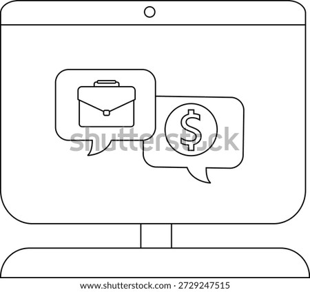 A monitor shows a briefcase and dollar sign in speech bubbles