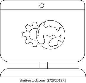 Monitor shows a gear and world globe icon on a stand
