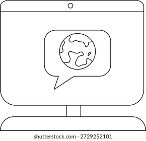 A monitor shows a globe within a speech bubble