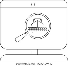 Ein Monitor zeigt ein Schiff hinter einer Lupe, die den Suchfokus betont