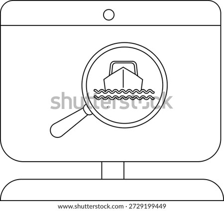 A monitor shows a ship behind a magnifying glass emphasizing searchfocus