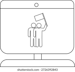 Um monitor mostra duas pessoas juntas, uma agitando uma bandeira