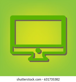 Monitor sign illustration. Vector. Green line icon with brown shadow at green-yellow background.