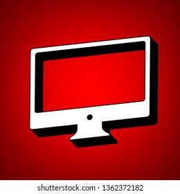 Monitor sign illustration. Vector. Perspective view of white icon with black outline at reddish background.