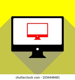 Monitor sign illustration. Vector. Red icon on white monitor of black all-in-one desktop computer with two shadows at yellow background.