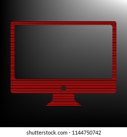 Monitor sign illustration. Vector. Striped red and black icon at gradient blackish background. Zebra.