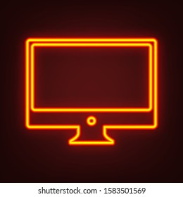 Monitor sign illustration. Yellow, orange, red neon icon at dark reddish background. Illumination. Illustration.