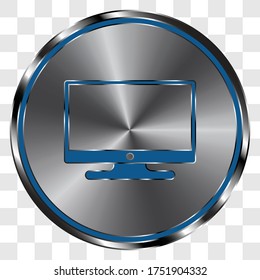 Monitor simple icon vector on metal round button. Transparent grid