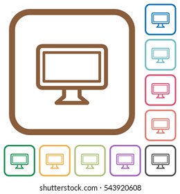 Monitor simple icons in color rounded square frames on white background